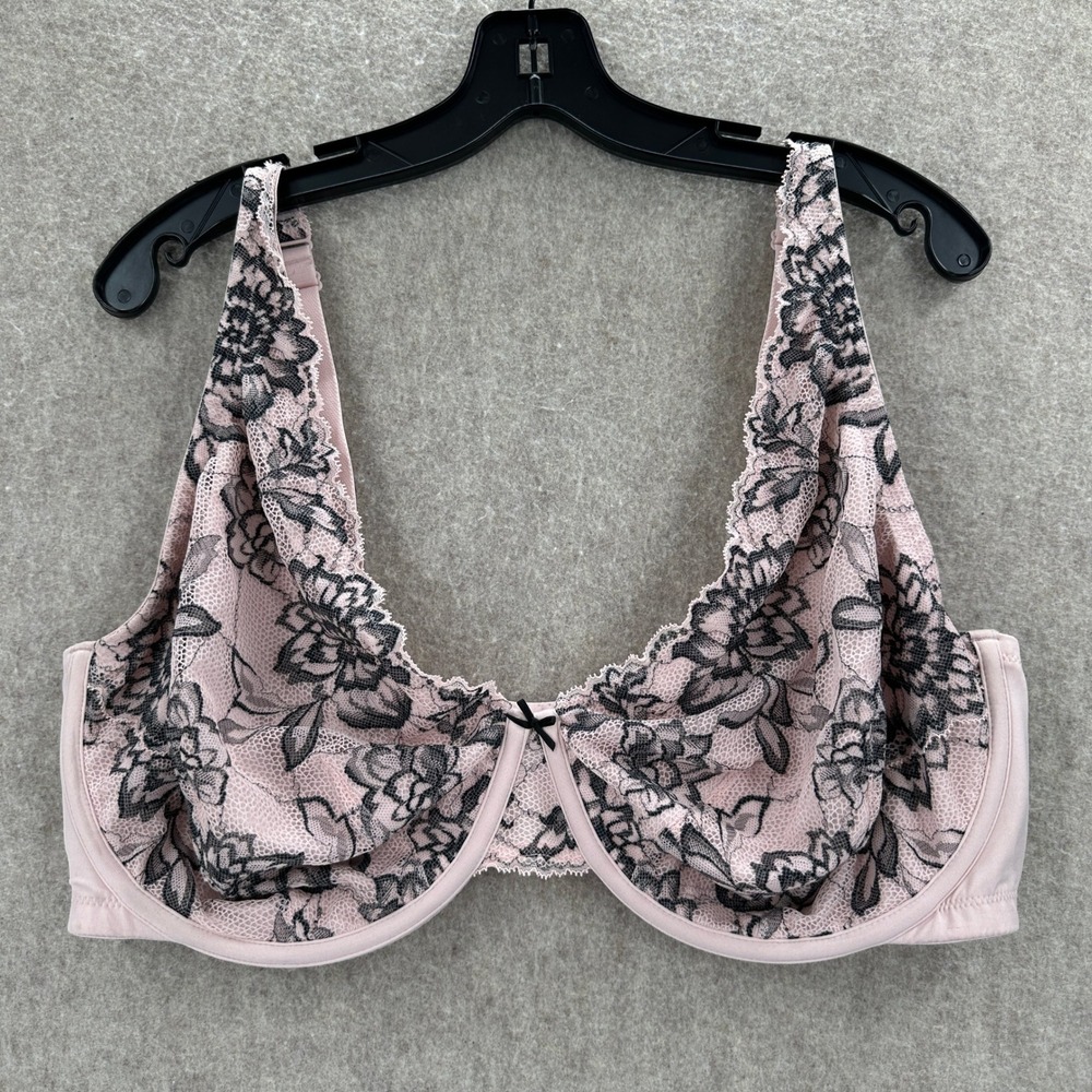 Cacique Plunge Bra Womens 42F Pink Black Floral Lace Unlined High Apex